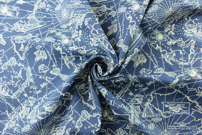Experience the ultimate in outdoor luxury with Tommy Bahama© Outdoor South Sea fabric. Made from durable materials and designed to resist UV damage for up to 500 hours, this multipurpose fabric features a stunning map of the sea in navy blue and cream. With 51,000 double rubs, it is as durable as it is stylish. Great for<span data-mce-fragment="1"> cushions, upholstery projects, decorative pillows and craft projects.&nbsp; Recommended to store away when not in use.</span>