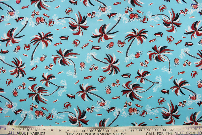 This fabric has a tropical theme featuring palm trees, fish and fruit in red, black and white against a light blue background.  It is durable and breathable and will allow movements of the body.  Uses include dance and sports wear, leotards and dresses.  We offer several different lycra fabrics.