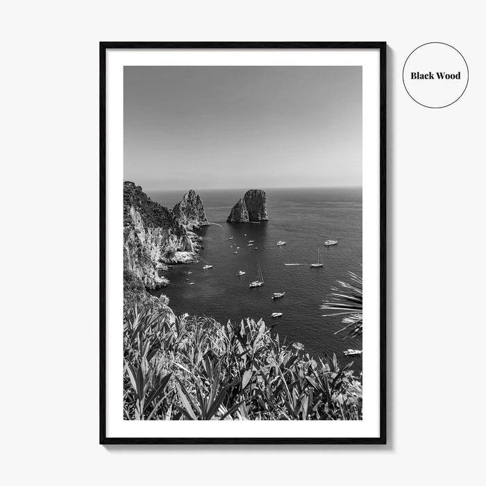 Capri Island Black and White Fine Art Photo Print, Faraglioni Cliffs, Tyrrhenian Sea, Italy