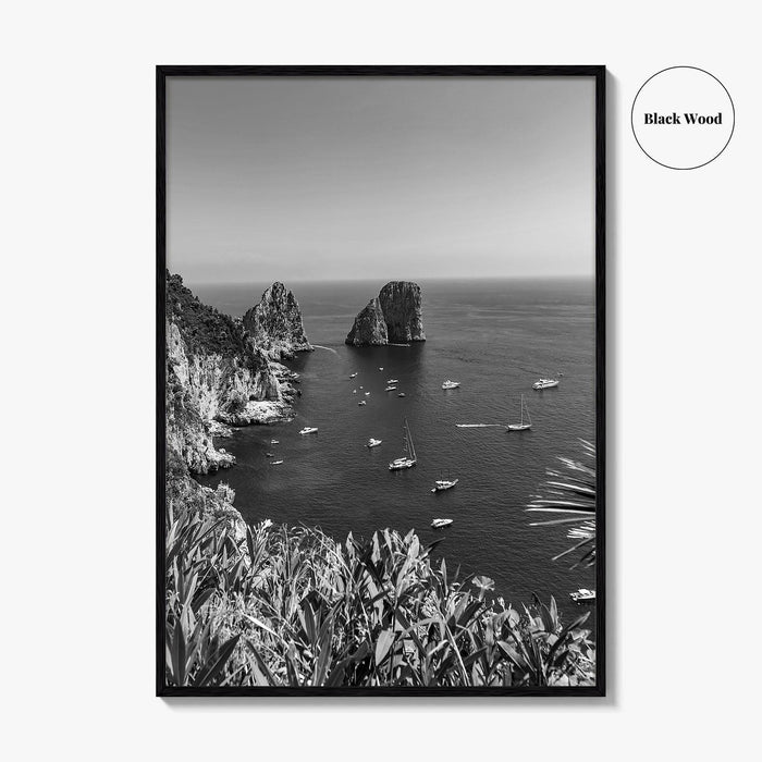 Capri Island Black and White Fine Art Photo Print, Faraglioni Cliffs, Tyrrhenian Sea, Italy