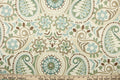 This fabric features a paisley floral design in light blue, moss green, brown, taupe, and pale beige set against a off white.