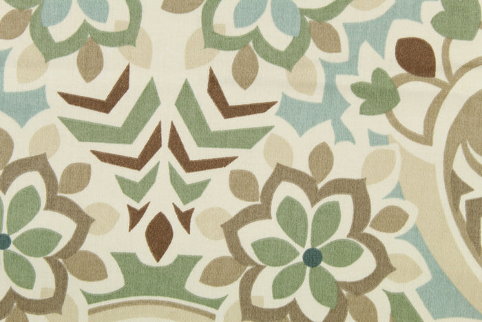 This fabric features a paisley floral design in light blue, moss green, brown, taupe, and pale beige set against a off white.