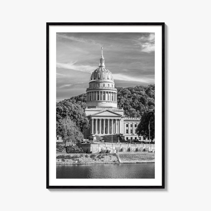 West Virginia Black and White Fine Art Photo Print, Charleston Capitol Kanawha River Poster