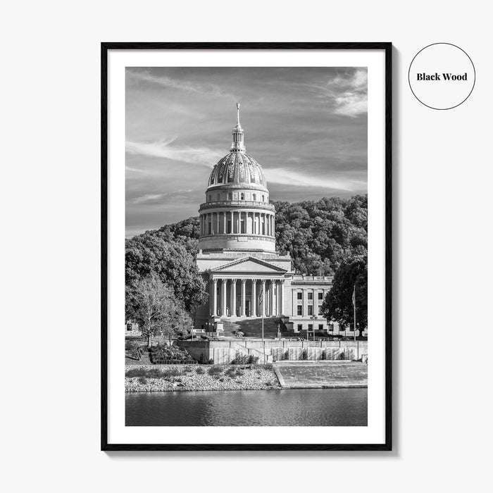 West Virginia Black and White Fine Art Photo Print, Charleston Capitol Kanawha River Poster