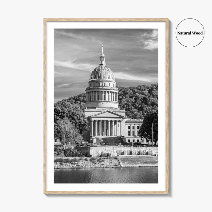 West Virginia Black and White Fine Art Photo Print, Charleston Capitol Kanawha River Poster