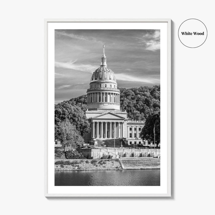 West Virginia Black and White Fine Art Photo Print, Charleston Capitol Kanawha River Poster
