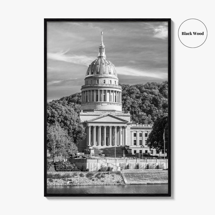 West Virginia Black and White Fine Art Photo Print, Charleston Capitol Kanawha River Poster