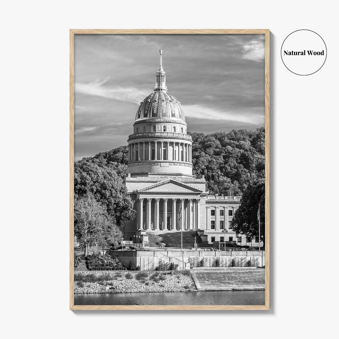 West Virginia Black and White Fine Art Photo Print, Charleston Capitol Kanawha River Poster