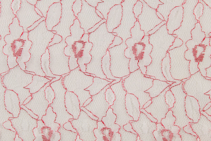 This lace features a woven floral design in white with red outline.