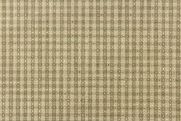 This yarn dye stripe fabric features a small plaid or checkered design in light khaki and pale green.