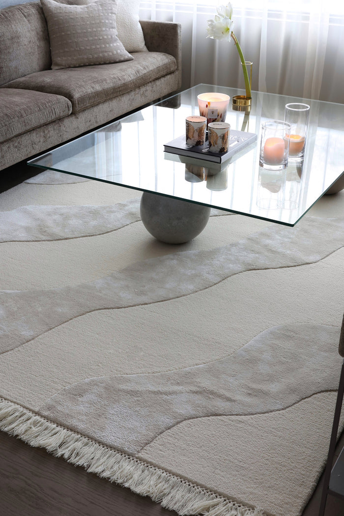 ZEA 01 Offwhite Wool & Viscose Rug - Hand-tufted